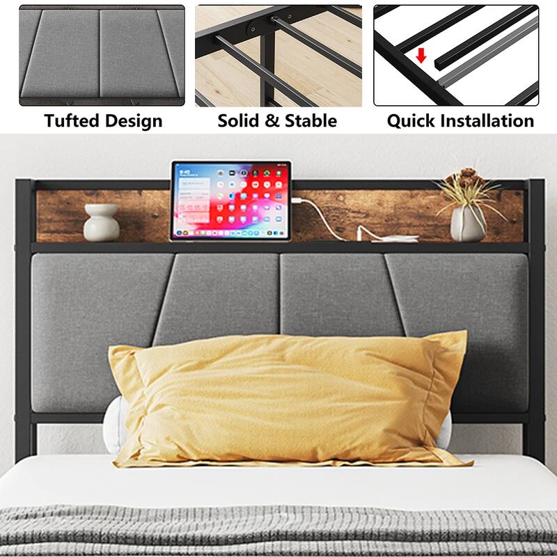 Bed Frames, Storage Headboard with Outlets, No Box Springs Needed