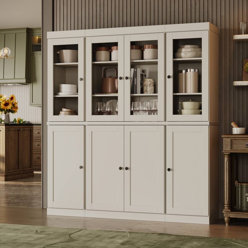 Palace Imports 100% Solid Wood Pantry China Cabinet, Clear Glass & Shaker Doors, Adjustable Shelves, 65" Wide, 71.5" Tall - Off White