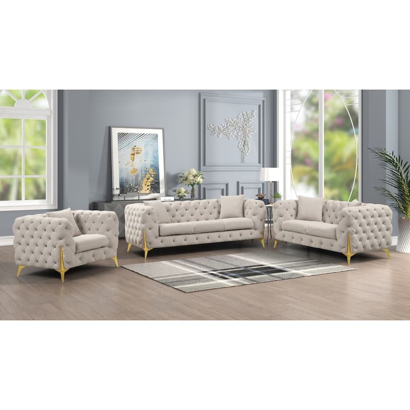 3 Pieces Mid-century Modern Buckle Fabric Living Room Sofa Set Sectional - Set-Grey