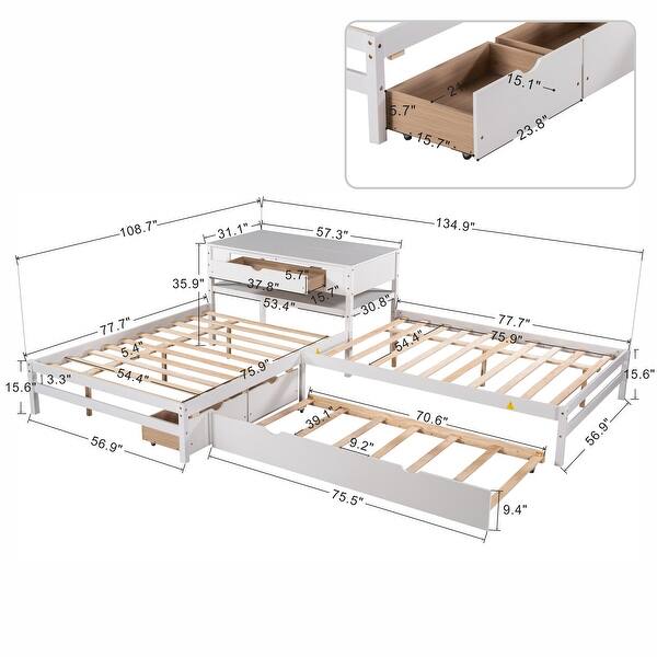 Full Size L-shaped Platform Beds with Drawers Linked with Built-in Rectangle Table and Twin Size Trundle.