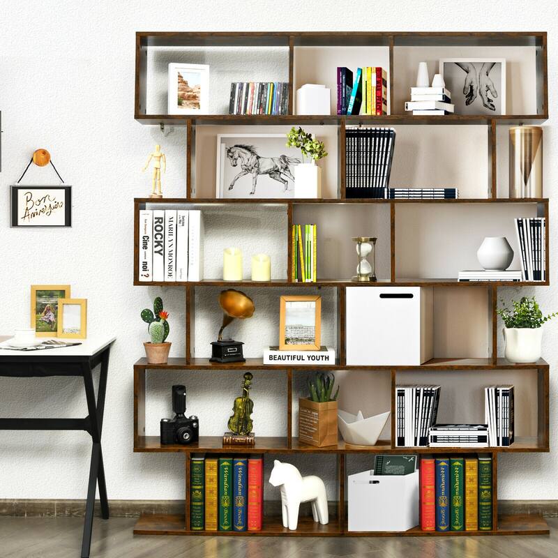 Gymax 2 PCS 6 Tier S-Shaped Bookshelf Storage Display Bookcase Z-Shelf - 31.5'' x 9'' x 75''