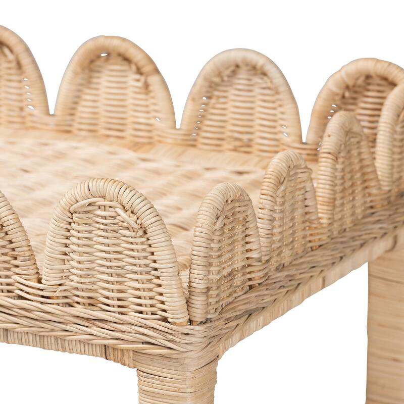 Sumana Bohemian Scallop Natural Rattan and Mahogany Side Table