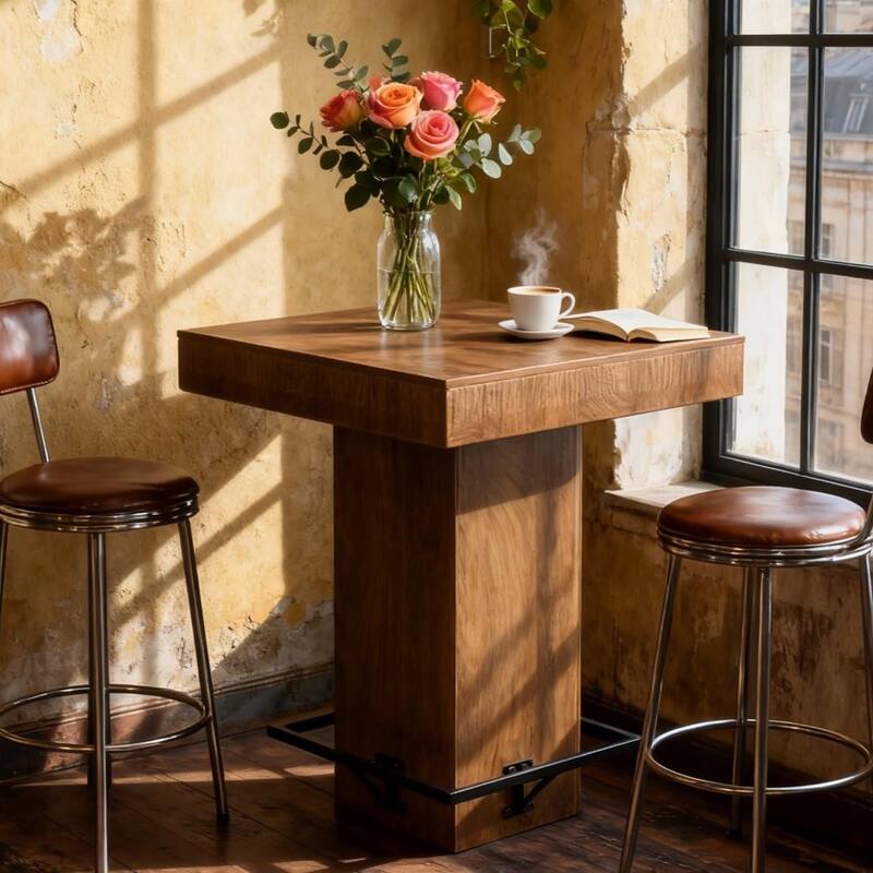 Square Bar Table, 37.4"H Wooden Bistro Pub Table with Metal Footrest for Small Bars, Kitchen Nook