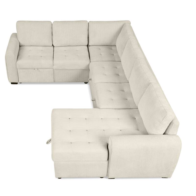 107.5" U-Shaped Corduroy Sectional Sofa with Pull-Out Bed, Storage Chaise, USB Ports and Power Sockets (5-Seater)