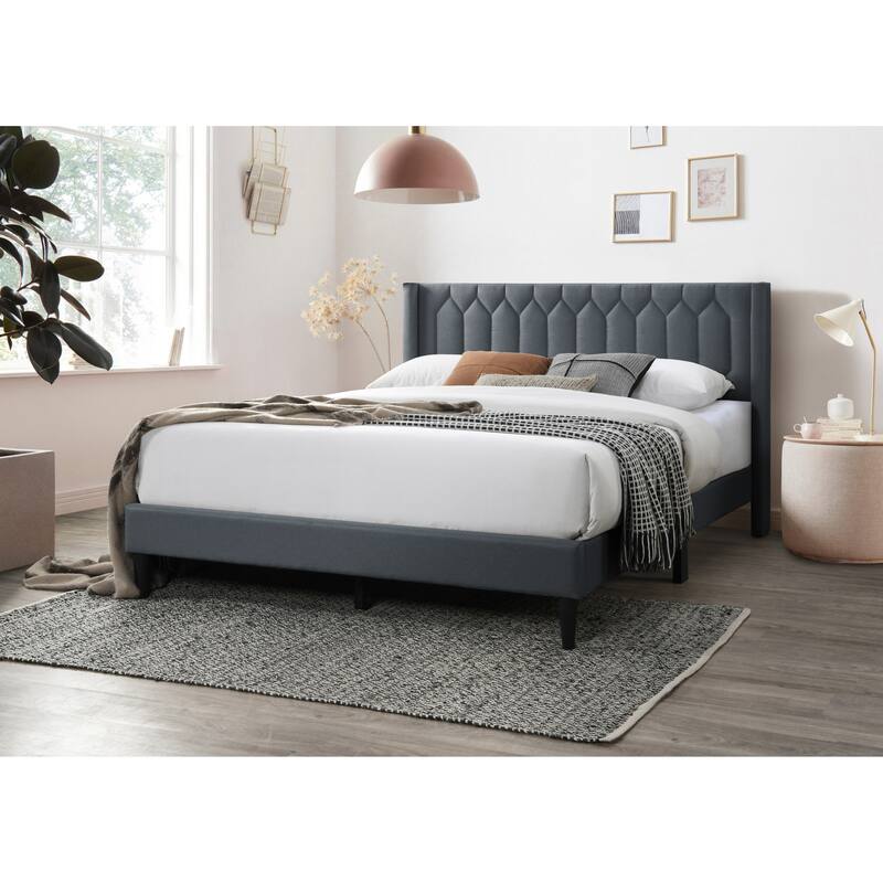 Queen Size Upholstered Platform Bed with Diamond Stitch Headboard and Modern Platform Design