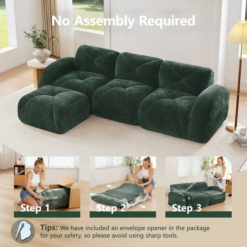 Rossetta 110'' 3-Seater L-Shaped Anti-Slip Design Retro Classic Color Velvet Tufted Modular Boneless Sofa with 1 Movable Ottoman