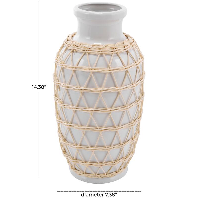 White Ceramic Vase with Woven Rattan Exterior - 7"W, 14"H