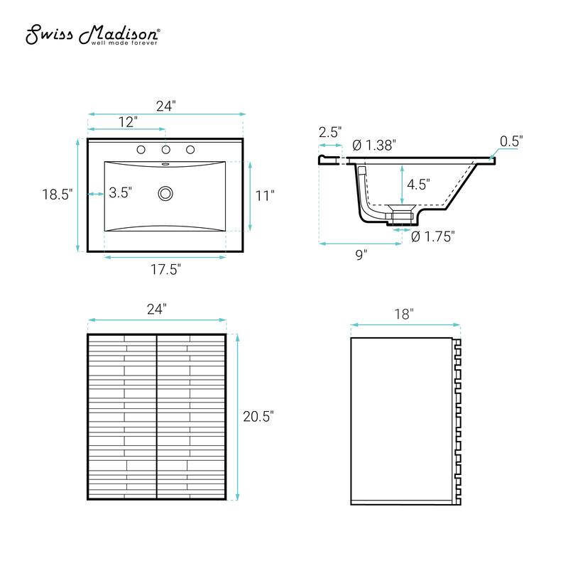 Cascade 24" Wall-Mounted Bathroom Vanity In Green Oak With Black 3-Hole Widespread Sink Top - 24