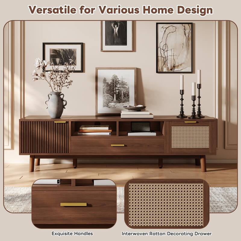 Dark Brown Solid Wood TV Stand for 75" TVs，TV Console with Soft-Closing Door and Drop-Down Door Cabinet