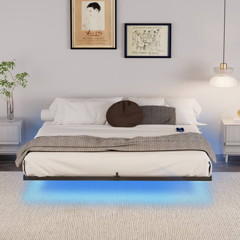 Floating Bed Frame with LED Lights ＆ charging station, Metal Platform
