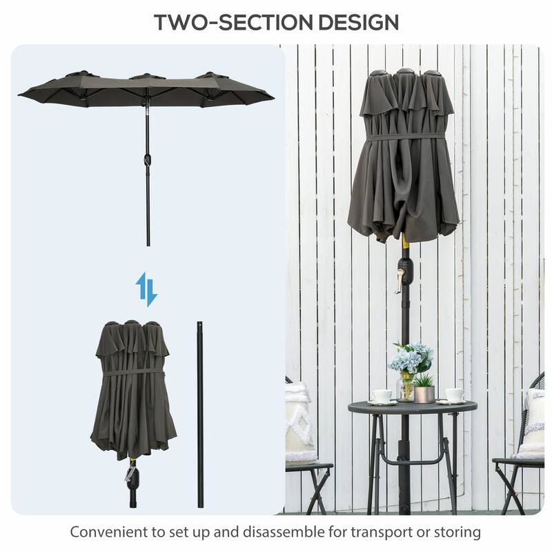 Outsunny Double-sided Patio Umbrella 9.5' Large Outdoor Market Umbrella with Push Button Tilt and Crank, 3 Air Vents and 12 Ribs