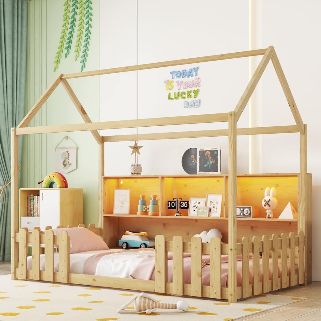 Twin Size Wood House Bed with LED Light and Storage Bookshelf for Kids