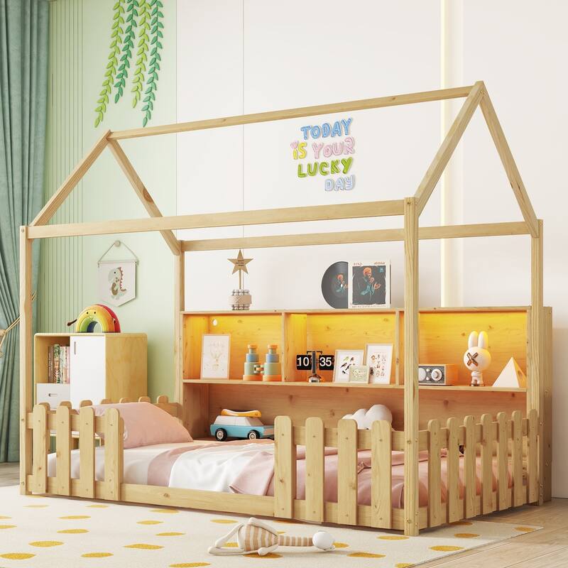 Twin Wooden House Bed with LED Light, Built-in Bookshelf & Safety Guardrails - Natural