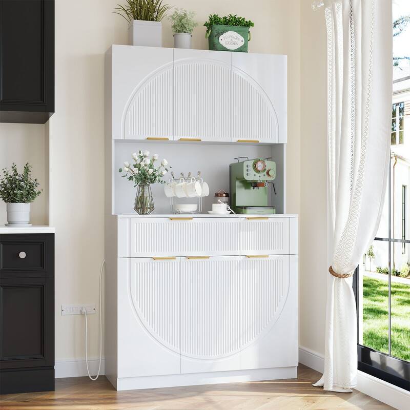 Fluted Kitchen Pantry Storage Cabinet with Microwave Stand, Outlets, Ample Space for Small Kitchens, Apartments & Home Offices