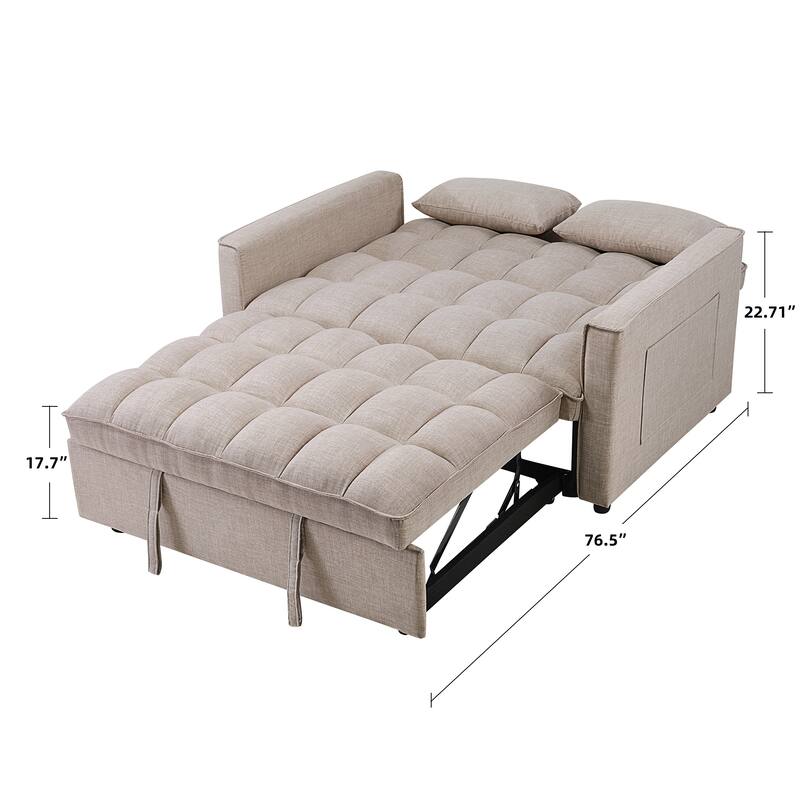 Modern 76" L 3-in-1 Multi-Functional Cream Sleeper Sofa with Iron Frame Pull-Out Loveseat