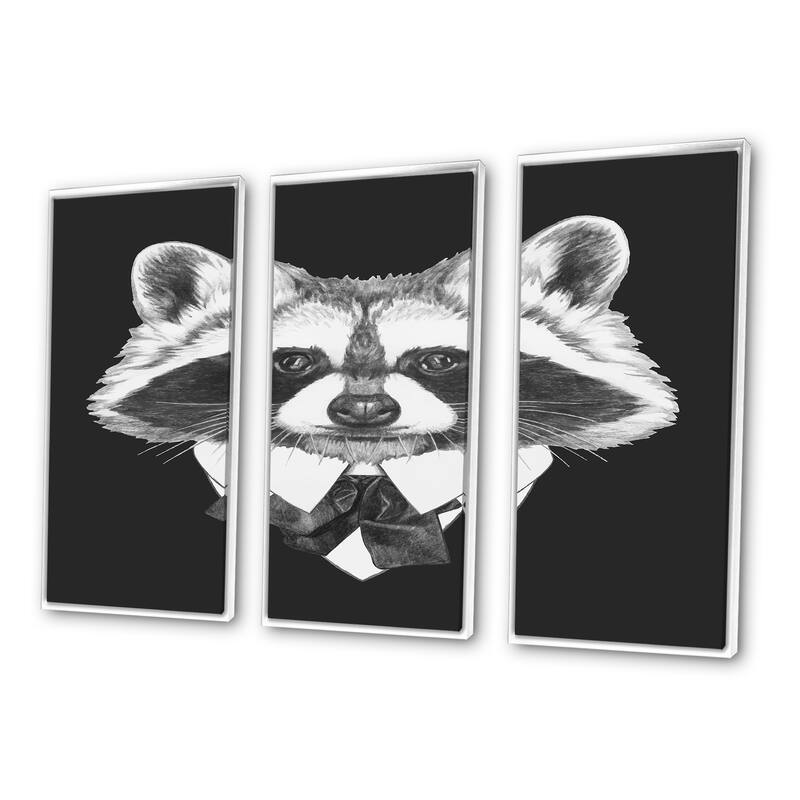 Designart "Funny Raccoon in Suit and Tie" Animal Framed Wall Art Set of 3 4 Colors of Frames