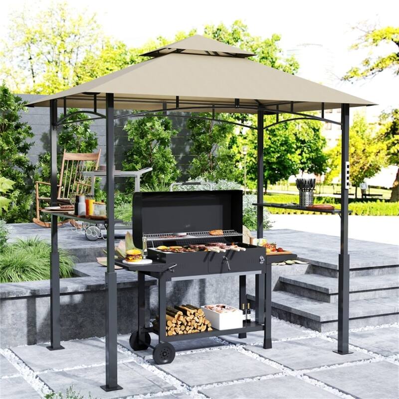 Khaki Double Roof Grill Gazebo with Shelves Hooks and Lights for Outdoor BBQ Cooking Station - 95.7" L x 58.3" W x 97.6" H