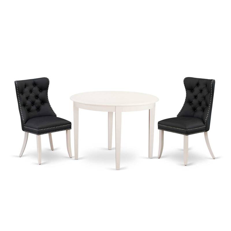 3-Piece Linen White Finish Round Solid Wood Top Dining Table Set