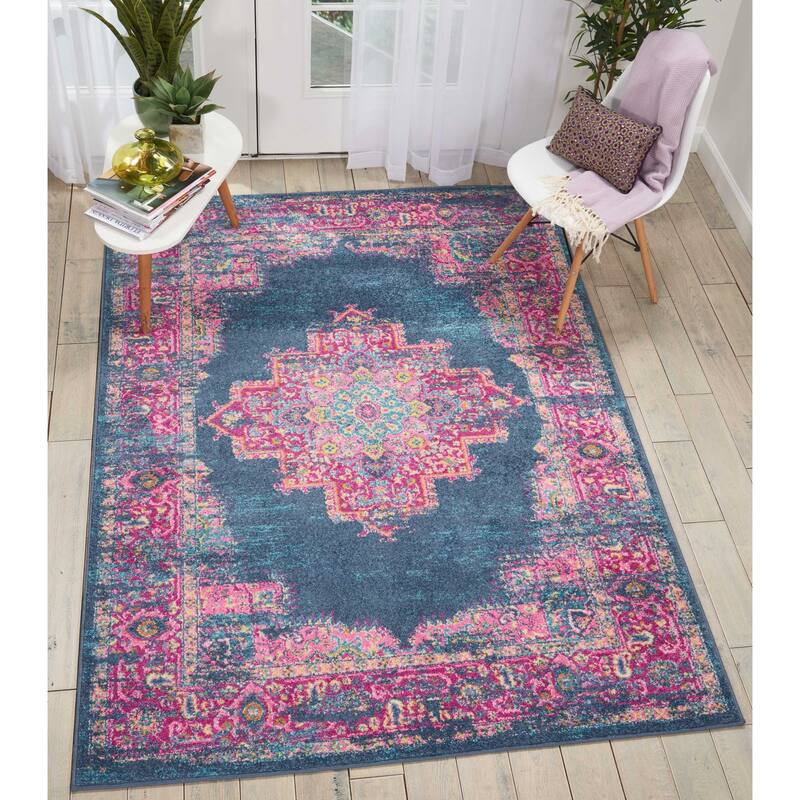 Porch & Den Dobbin Vintage Persian Medallion Farmhouse Area Rug - 5'3" x 7'3" - Blue/Pink