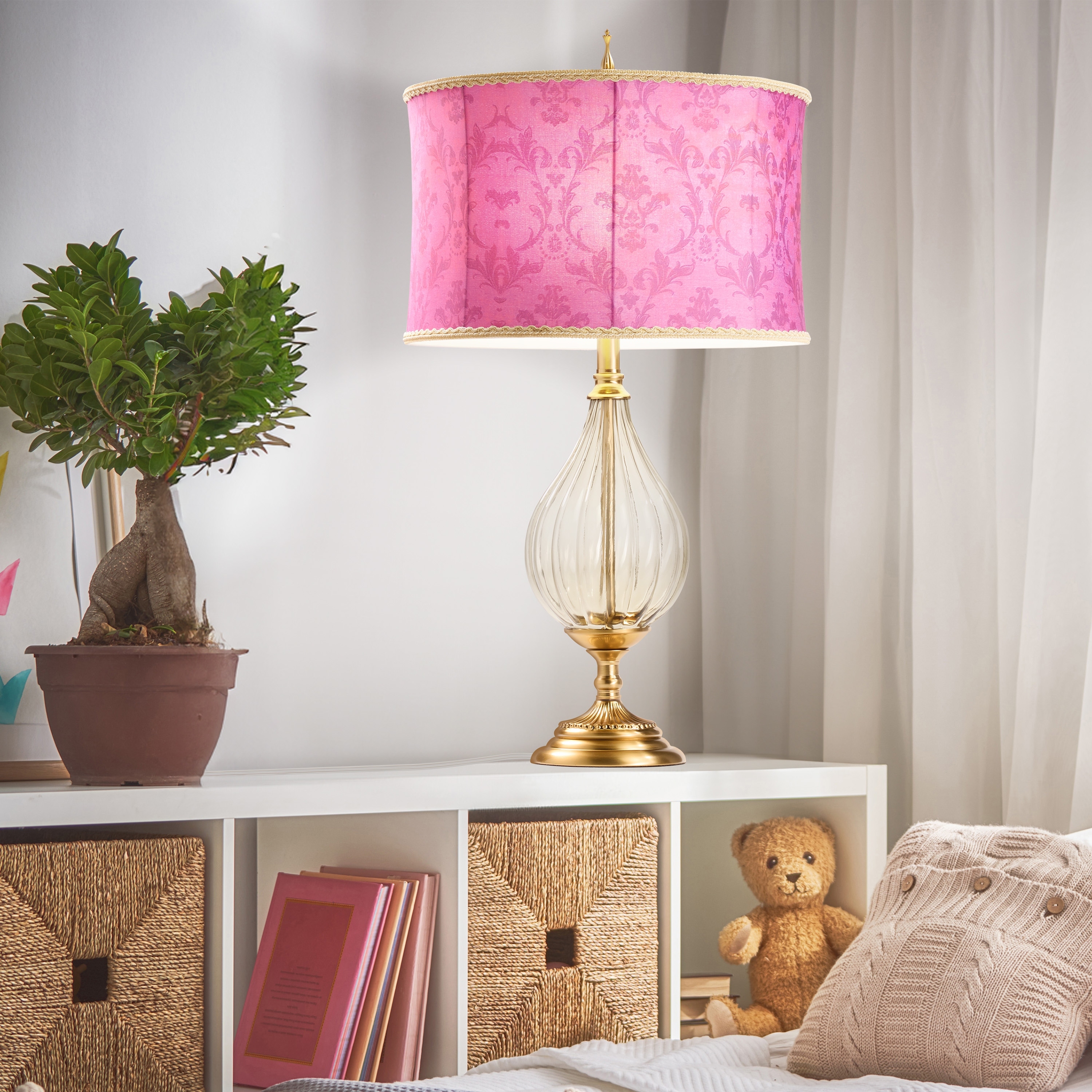River of Goods Bibi Fuchsia Pink Drum Shade Geometric Glass 30.5-Inch Table Lamp - 17" x 17" x 30.5"