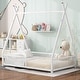 preview thumbnail 2 of 8, White Twin Metal House Floor Bed with Triangle Structure & Guardrail for Toddlers & Baby, Modern Montessori Platform Bed Frame