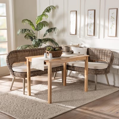 Raisa Modern Bohemian Natural Kubu Rattan Bench and Wood Table Dining Nook Set