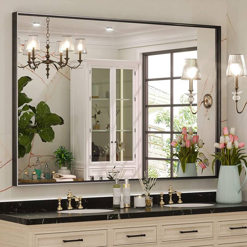 KEONJINN Modern Metal Framed Bathroom Vanity Wall Mounted Mirror - 48x36 - Black