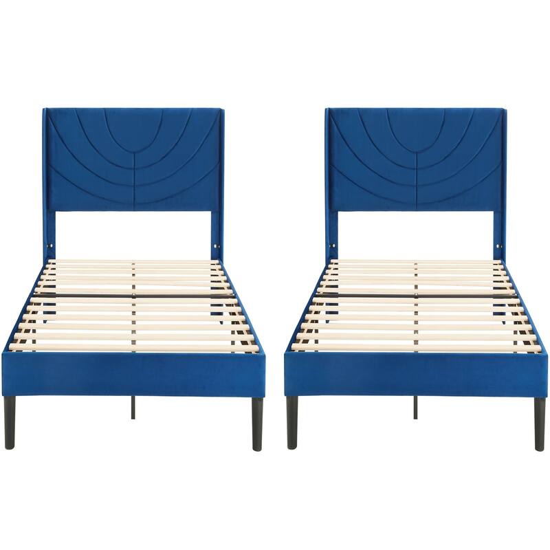 Kids Bed Frame, Height Adjustable Upholstered Bed, Twin Size Bed Set of 2 - Blue