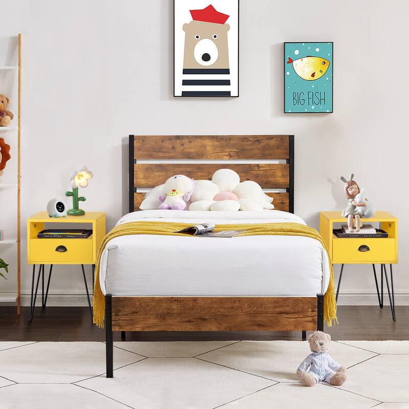 3-Pieces Bedroom Set with Rustic Brown Platform Bed Frame and Nightstands Set of 2