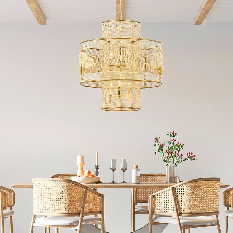 KAWOTI 6-Light Gold Tiered Chandelier Pendant Light with Rattan Shade - 26 '' L x 26'' W x 47.75'' H