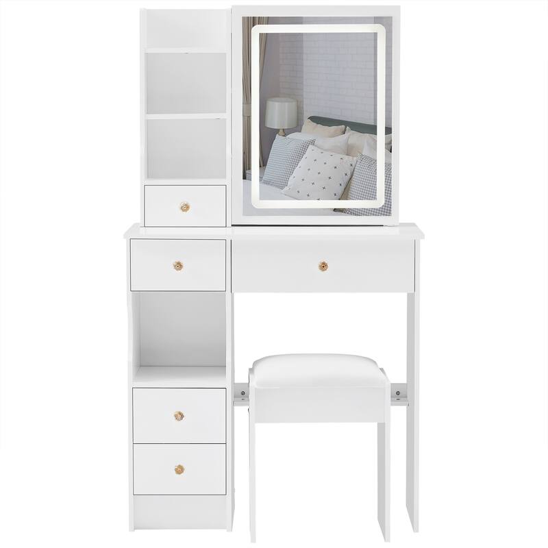 29.2" Small Size Left Drawer Desktop Vanity Table + Cushioned Stool, Large Sliding, Touch Control, Tri-color Switching