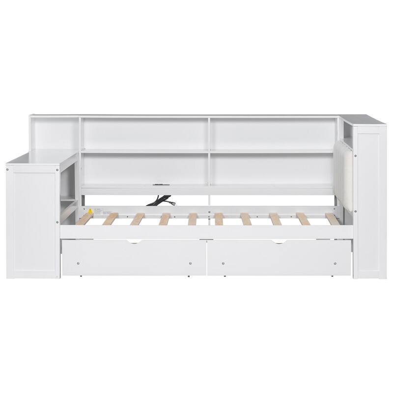 Twin/Full Size Storage Platform Bed w/ Shelves & Drawers, Wooden Daybed w/ Upholstered Headboard, Charging Station & Light