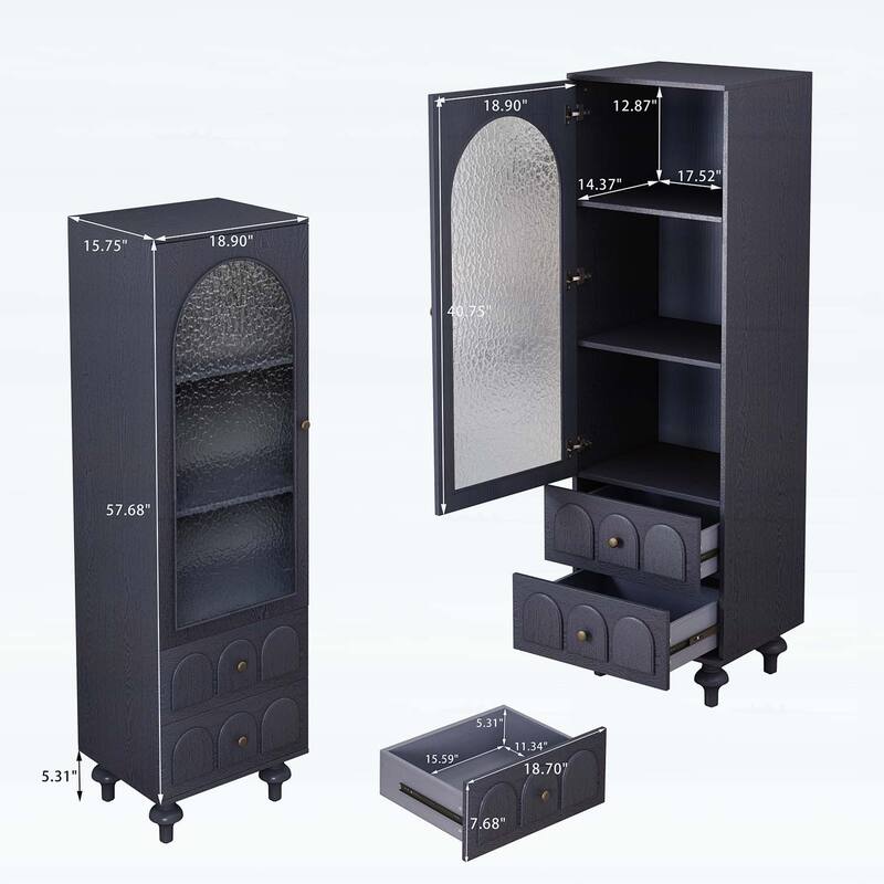 Tall Storage Cabinet with Glass Door,Two Drawers,and Adjustable Shelf for Versatile and Stylish Organization in Any Room