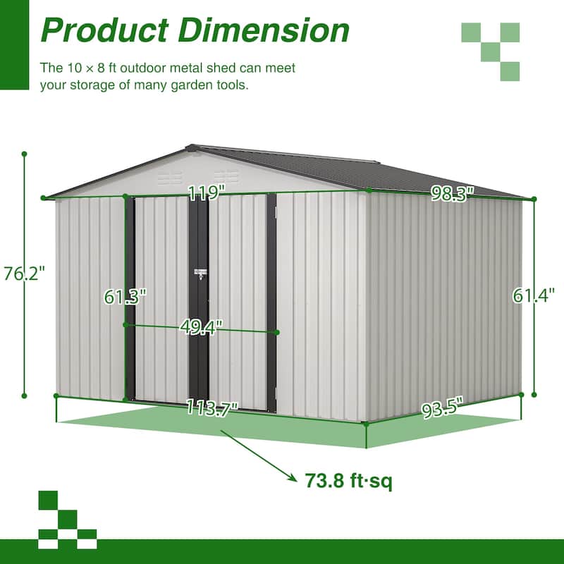 Outdoor 10 x 8 ft White Grey Metal Outdoor Storage Shed with Lockable Doors and Vents
