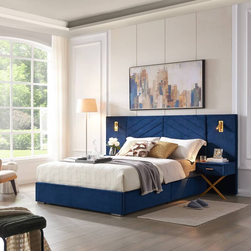 Rossetta Queen Size Bed Frame with Vertical Channel Tufted Wingback Headboard, Easy Assembly