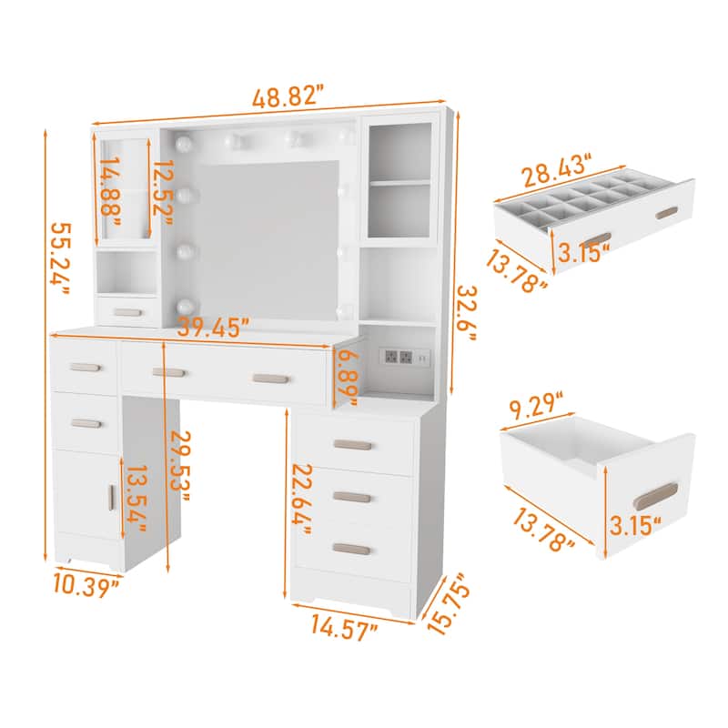 XINMICS Makeup Vanity Dressing Table, Vanity Desk with Mirror and Lights and Charging Station with 7 Drawers & 3 Cabinets