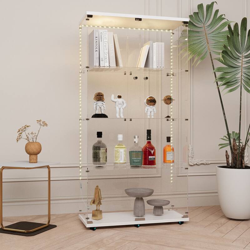 Tempered glass display cabinet, storage cabinet,file cabinet,with Bluetooth LED light strip,lock on the door,equipped with cast - White