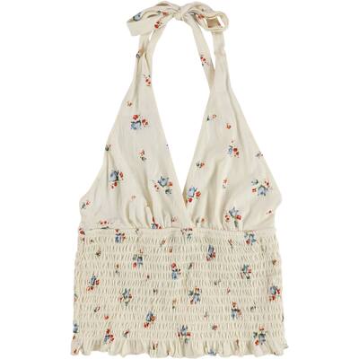 American Eagle Womens Ruched Floral Tie Back Halter Top Shirt,, Off-White, X-Small