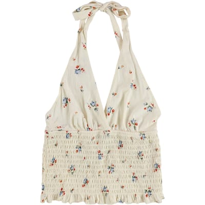 American Eagle Womens Ruched Floral Tie Back Halter Top Shirt,, Off-White, X-Small