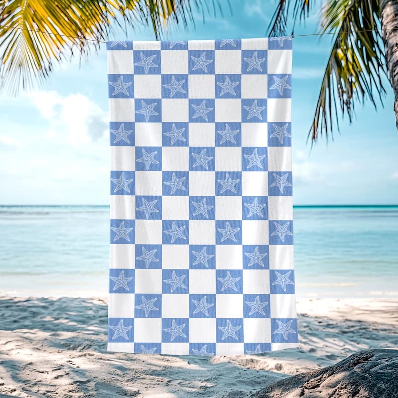 Starfish Checkered Beach Towel, Lightweight Quick Dry Swimming Towel 30"x60" - Light Blue