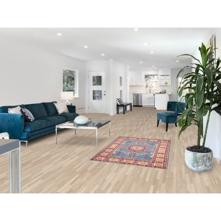 Light Blue Geometric Kazak Accent Rug Hand-Knotted Foyer Wool Carpet - 3'4" x 4'11"