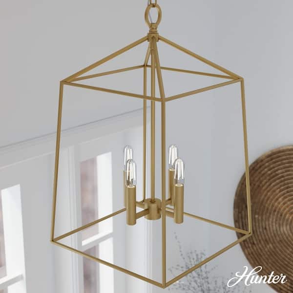 slide 2 of 12, Hunter Fair Oaks 4-Light Pendant - Kitchen, Dining Room, Foyer - Modern Farmhouse, Transitional, Cage, Lantern - Designer! Luxe Gold