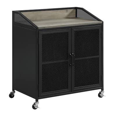 34 Inch Bar Cabinet On Wheels, Wire Mesh Doors, Wood Grain Details, Black