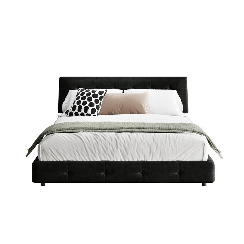 Queen Size Bed Frame with Tufted Headboard, Chenille Platform Bed, Black, Solid Wood and Metal Slats, Noise-Free