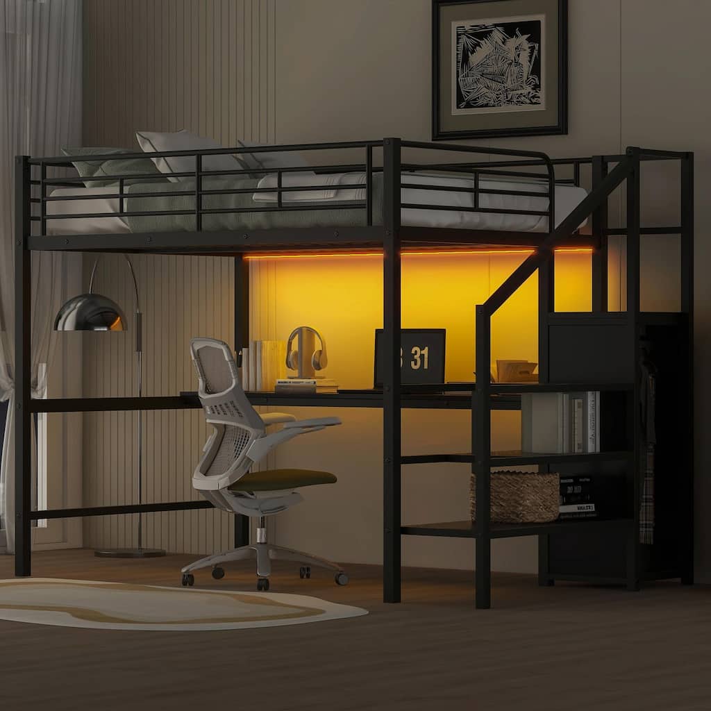 Full Size Metal Loft Bed with Desk, Storage Staircase, Small Wardrobe, and LED Lights