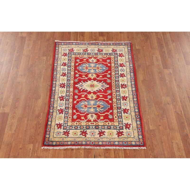 Red Geometric Kazak Oriental Accent Rug Bathroom Handmade Wool Carpet - 2'10" x 4'1"