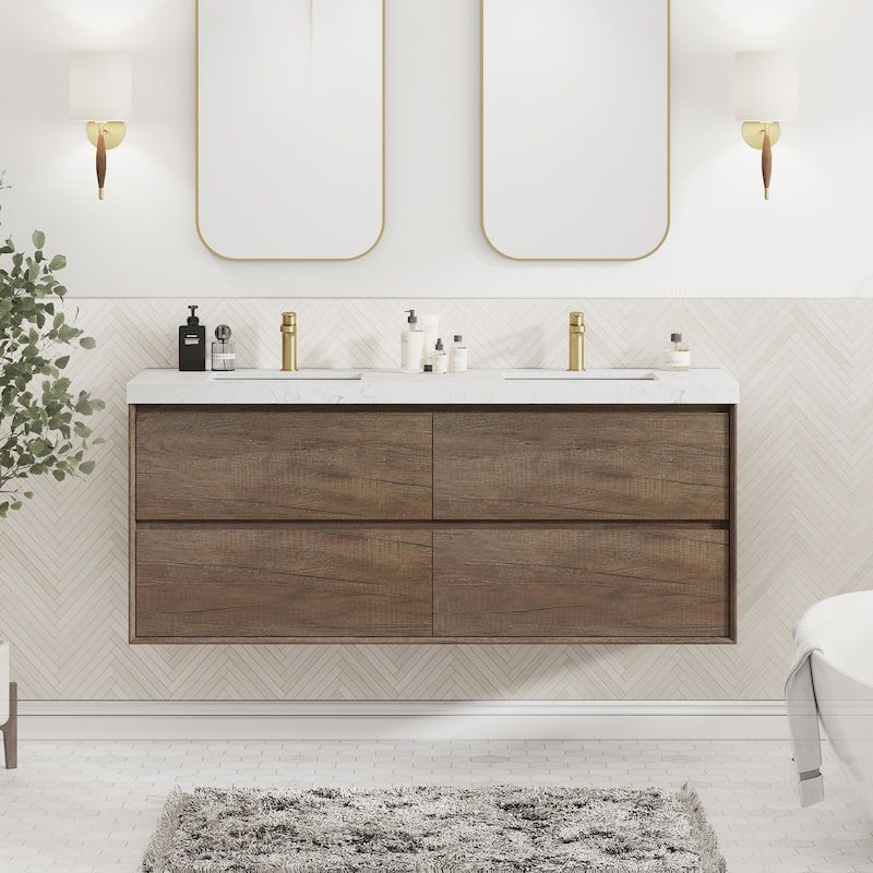 Sylphar 60 inch Bathroom Vanity with Sink, Floating Oak Cabinet with Stone Top - 1 Set Of Antique Oak Vanity