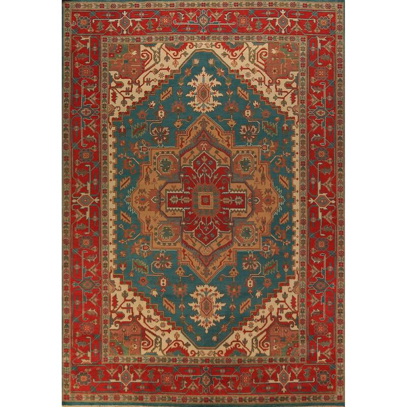 Green Medallion Oushak Indian Large Rug Hand-Knotted Wool Carpet - 9'7"x 13'9"