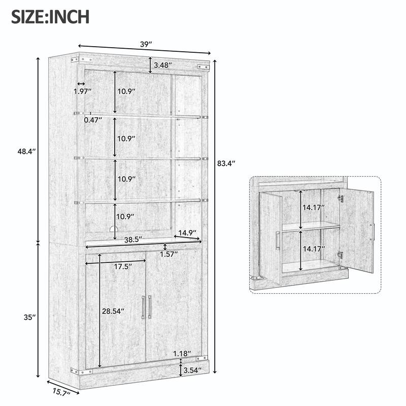 83.4" Tall Modern Bookshelf with Doors, Farmhouse Bookcase Featuring 3-Tier Adjustable Shelves & LED Display Lighting