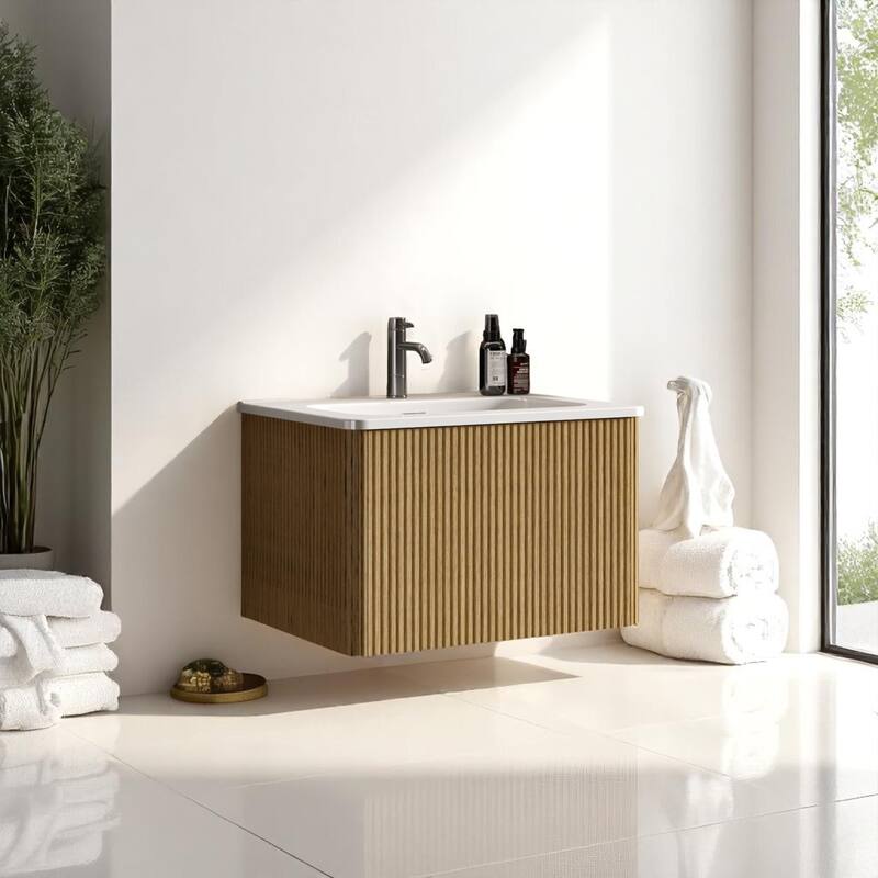 36" Floating Bathroom Vanity, Integrated Ceramic Sink, Push-Open Drawer & U-Shape Wall Fitting,Wall-Mounted MDF Vanity Cabinet